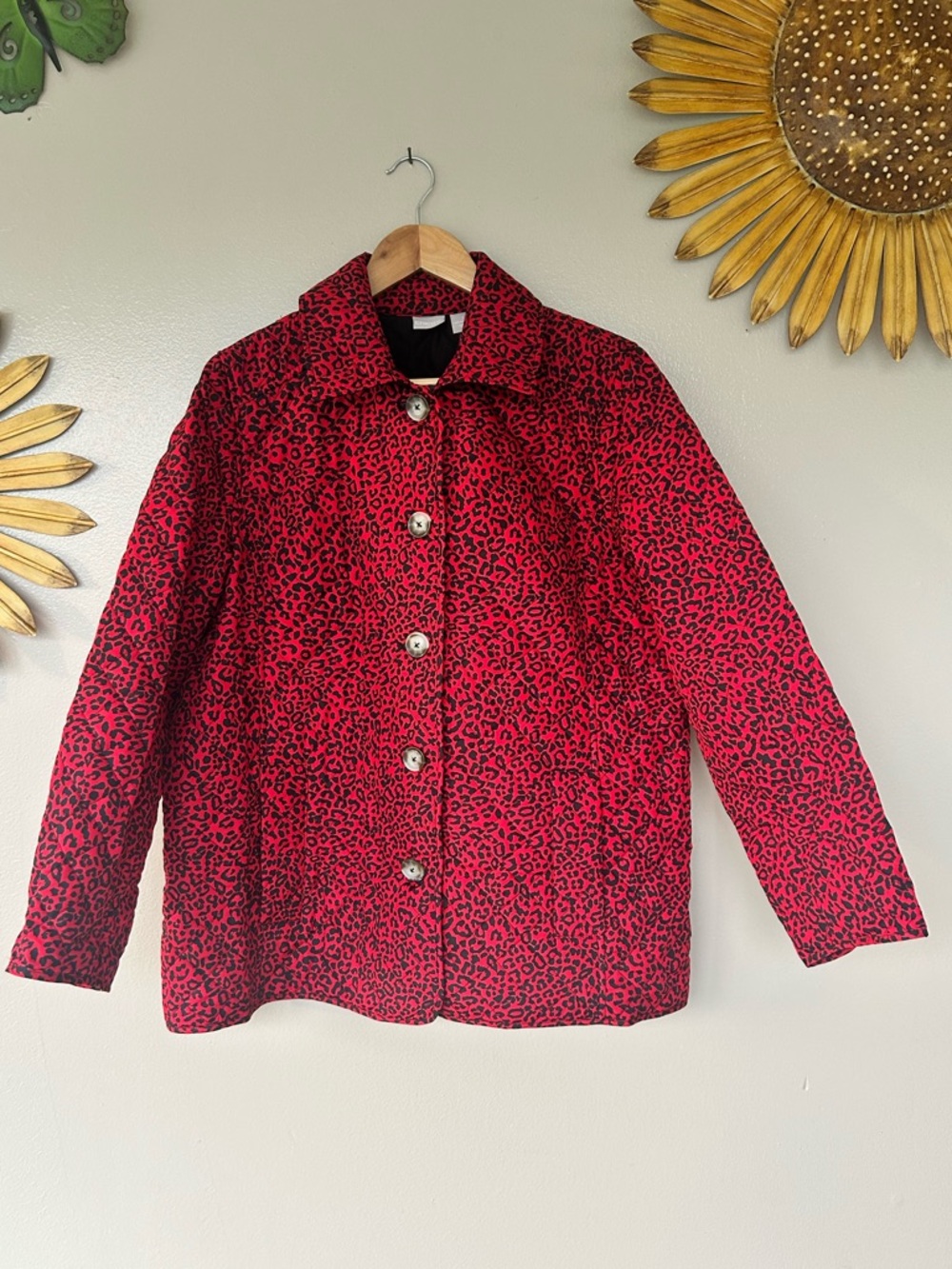 Chico’s Women’s Red Quilted Jacket Leopard Print Red/Black size 3 NWT